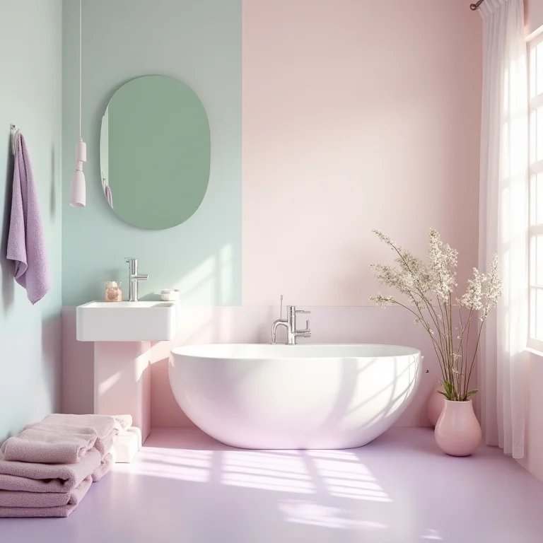 Banheiro em tons pastel rosa, verde menta e lavanda