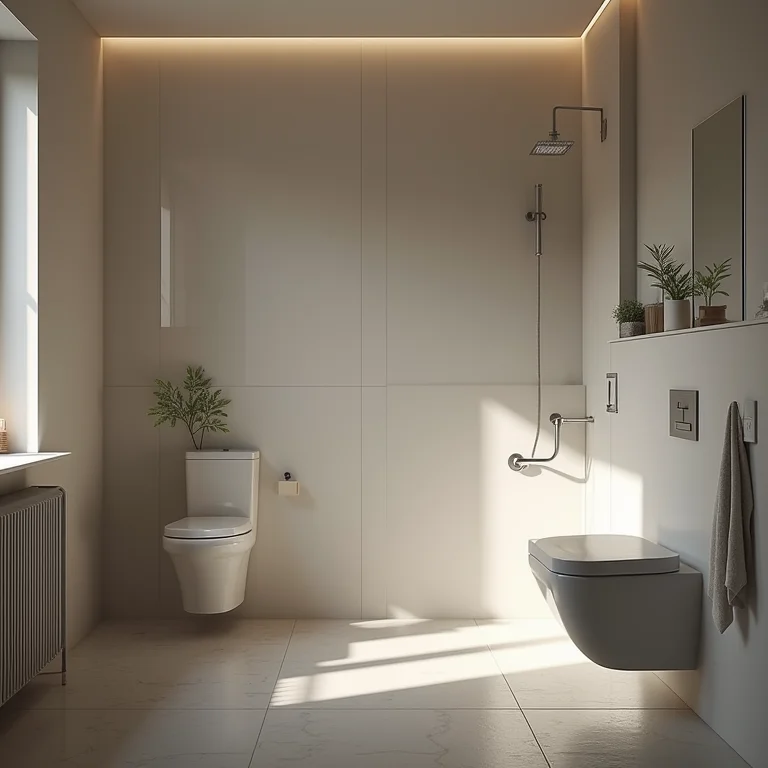 Banheiro escandinavo com iluminação inadequada e atmosfera fria.