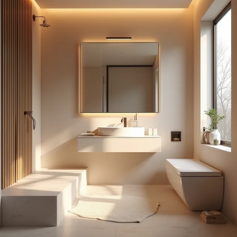 Banheiro escandinavo com iluminação suave e atmosfera relaxante.