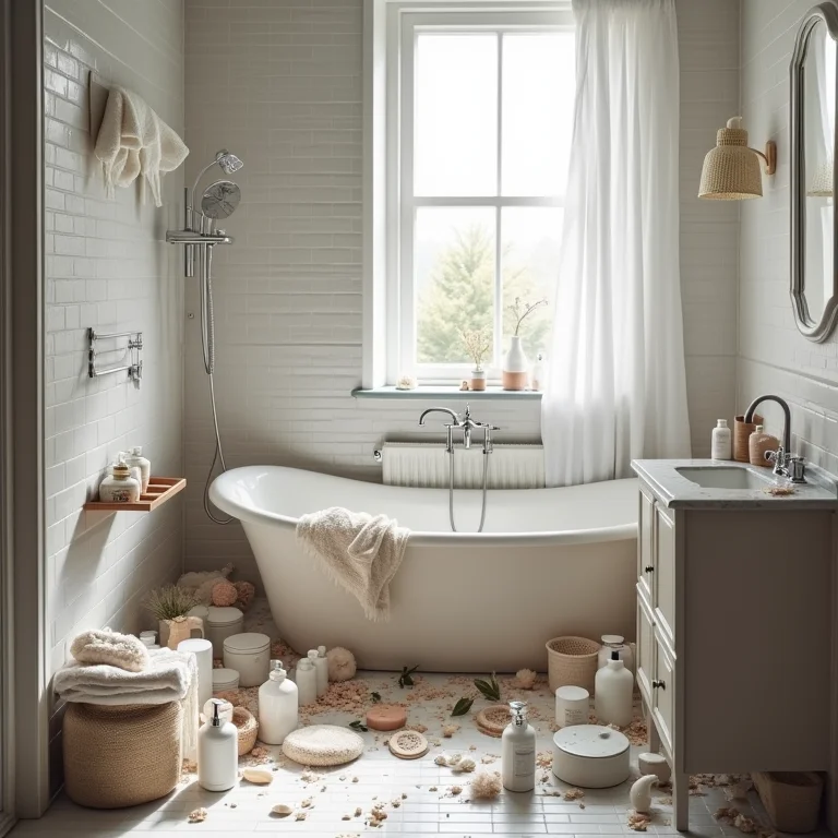 Banheiro escandinavo desorganizado e caótico.