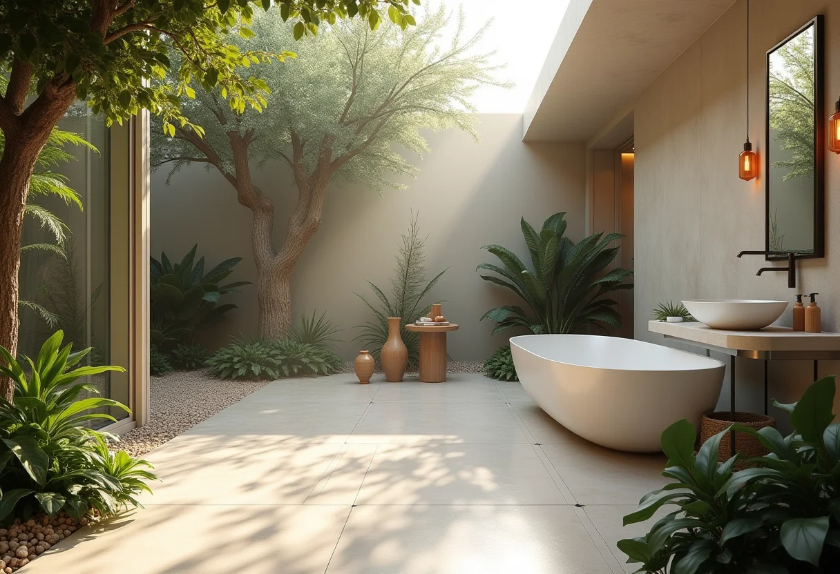 Banheiro externo elegante com paisagismo exuberante