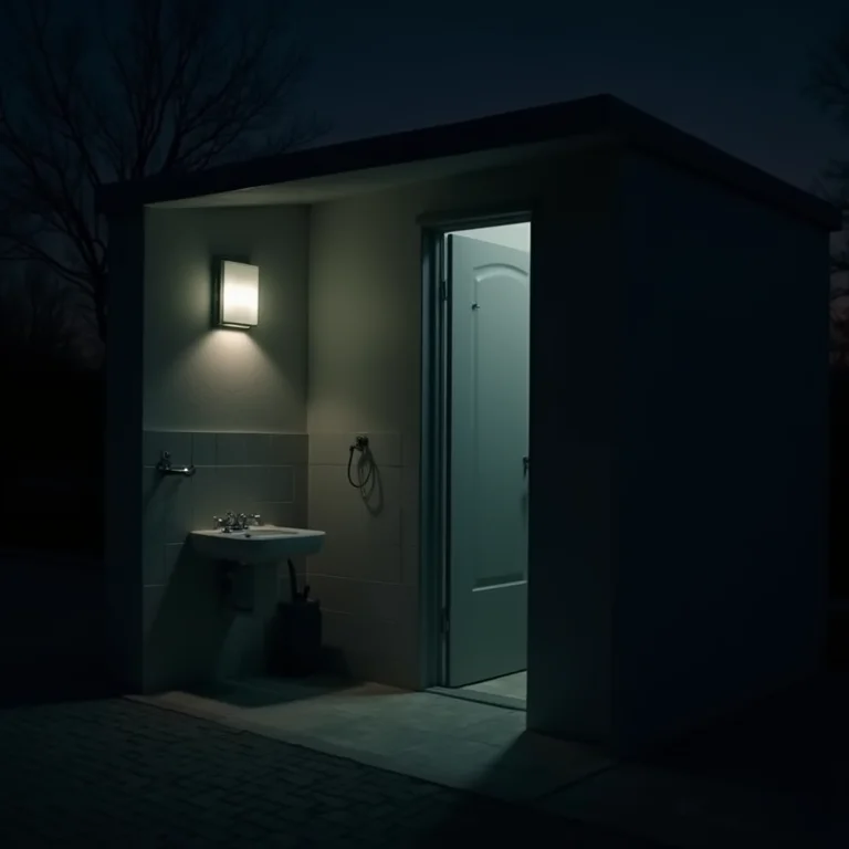 Banheiro externo mal iluminado à noite