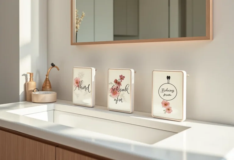 Banheiro feminino com símbolos criativos e elegantes para sinalização.