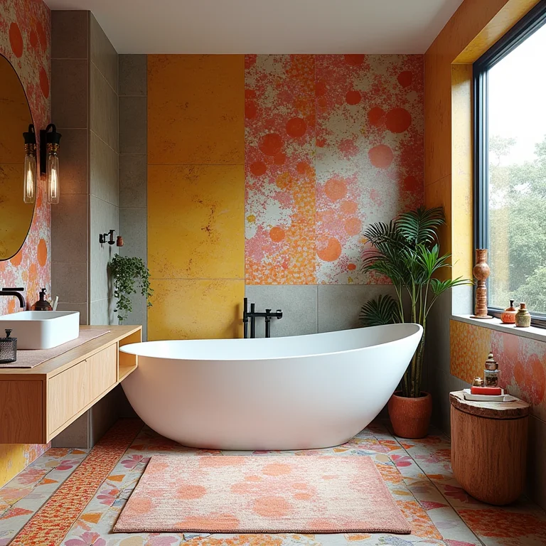 Banheiro grande com cores vibrantes e padrões ousados