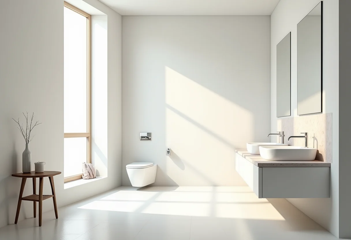 Banheiro grande e moderno com iluminação natural e design minimalista