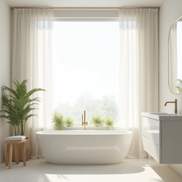 Banheiro iluminado com luz natural e plantas