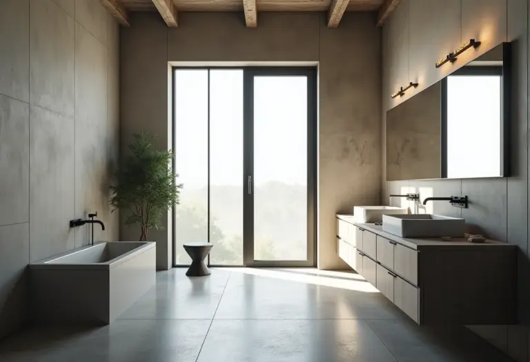 Banheiro industrial com paredes de concreto e iluminação natural