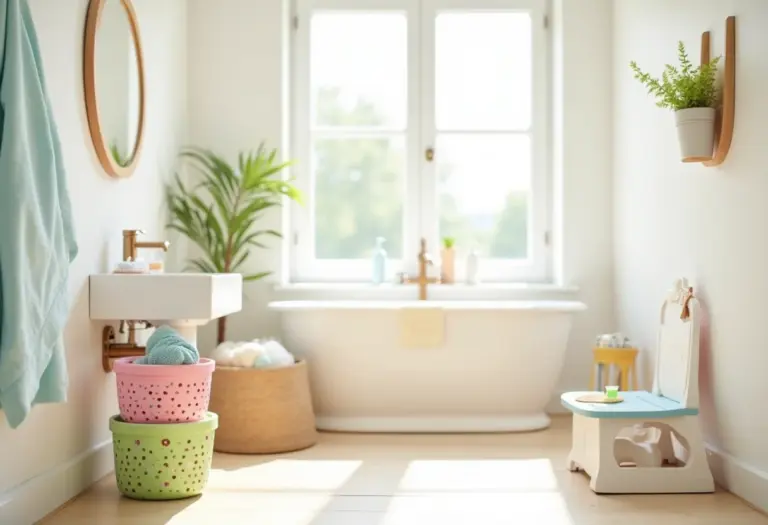 Banheiro infantil alegre e bem iluminado com decoração divertida.