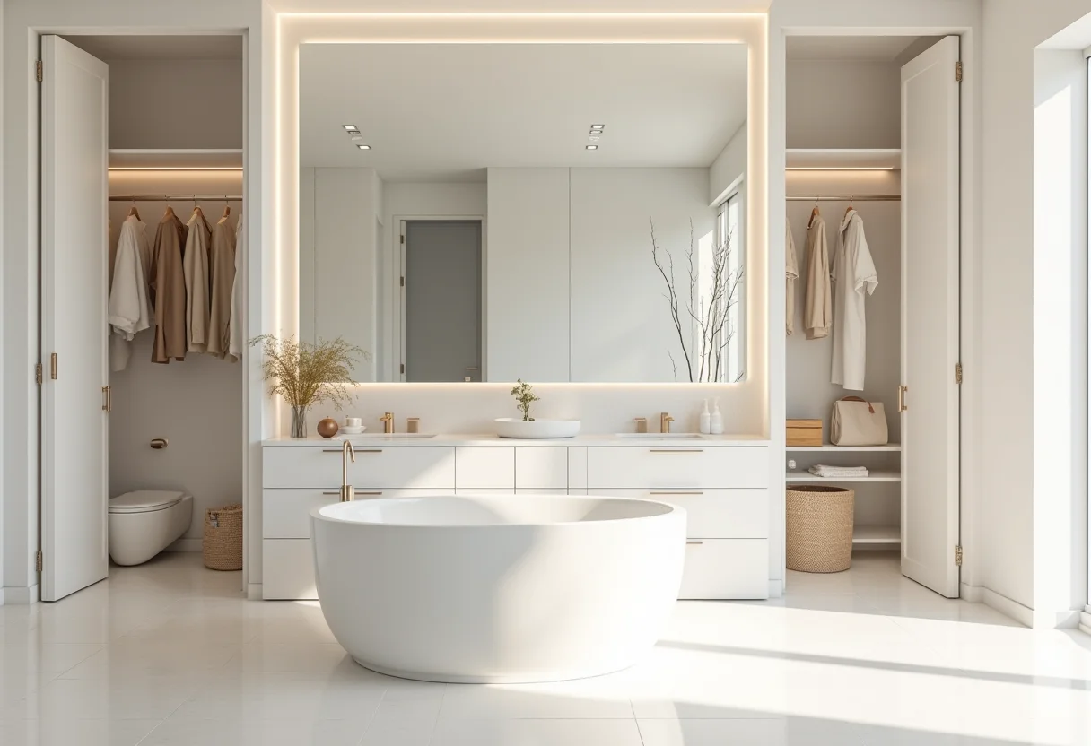 Banheiro integrado ao closet com design clean e iluminação natural.