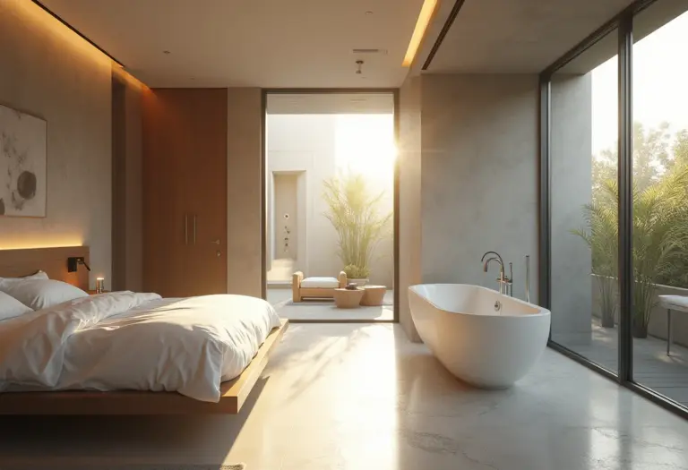 Banheiro integrado ao quarto com design moderno e iluminação natural