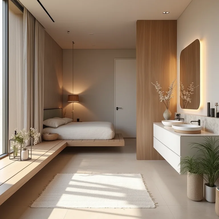 Banheiro integrado ao quarto com harmonia de cores