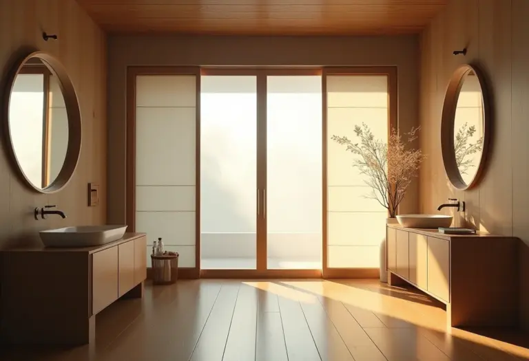 Banheiro japonês com design minimalista e luz natural