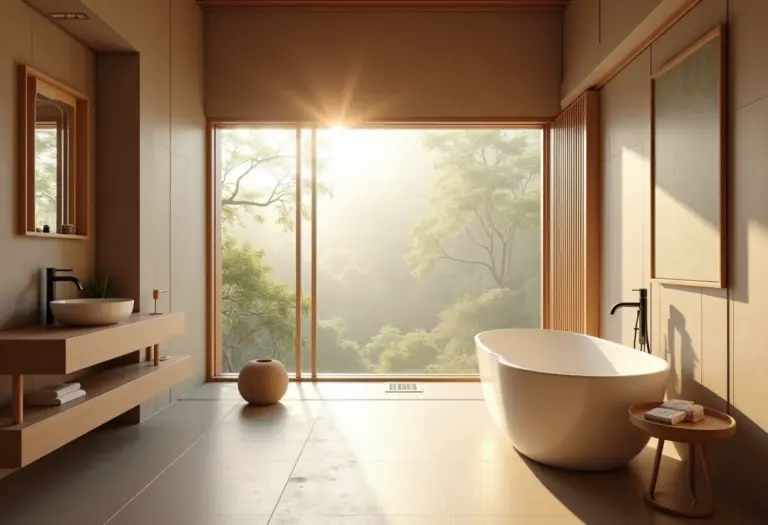 Banheiro japonês moderno com banheira ofurô e iluminação suave