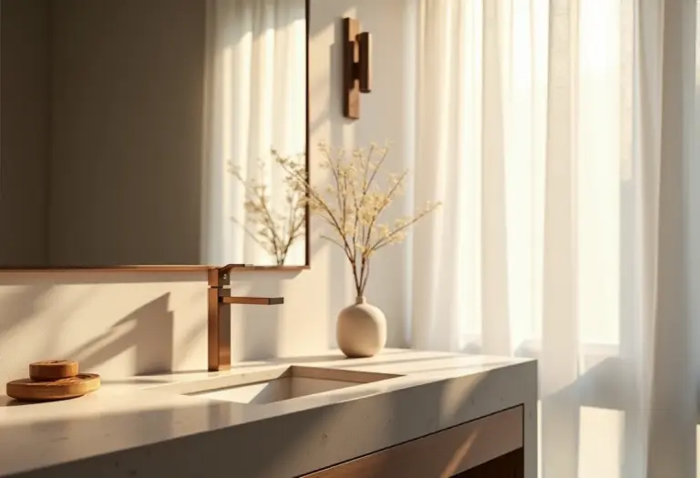 Banheiro lavabo minimalista com bancada de pedra e iluminação suave.