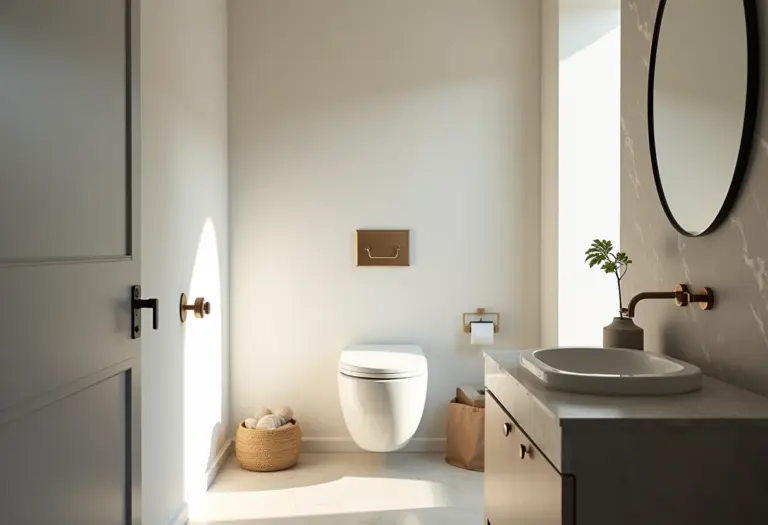 Banheiro lavabo pequeno com decoração minimalista e iluminação natural.