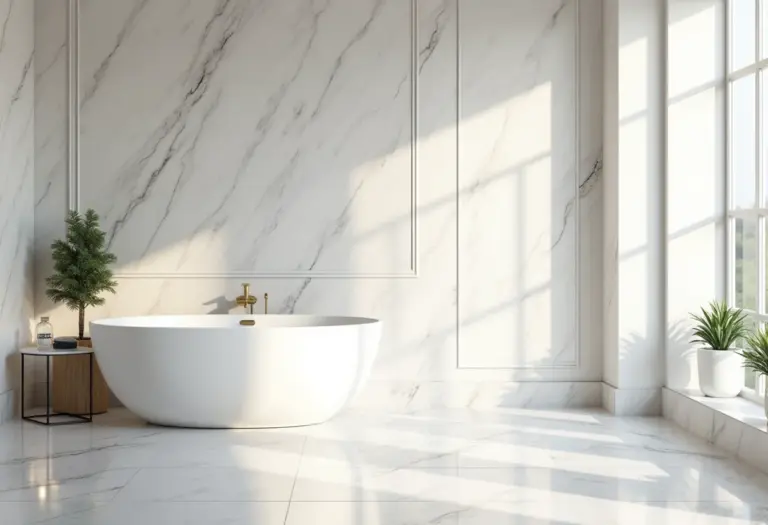 Banheiro luxuoso com banheira e detalhes em mármore