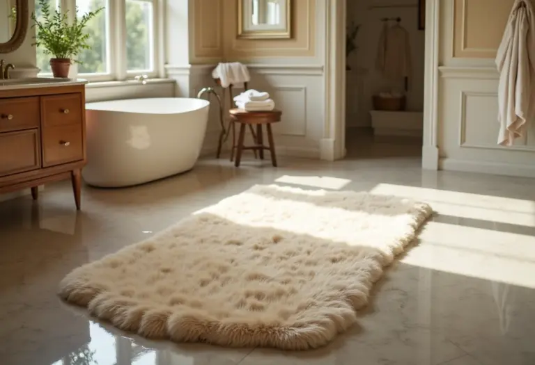 Banheiro luxuoso com tapete inadequado encharcado, transmitindo alerta.