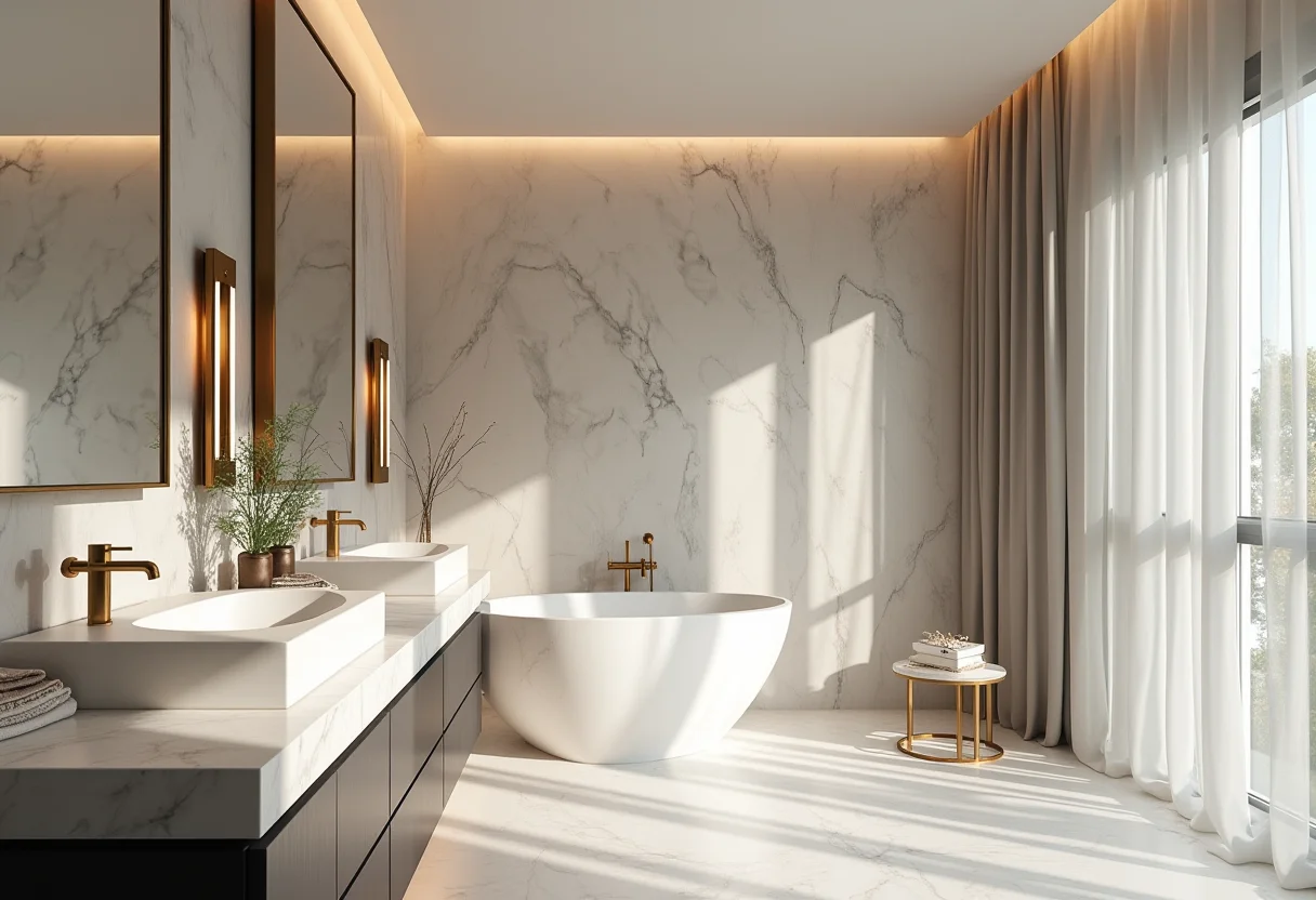 Banheiro luxuoso moderno com acabamentos elegantes e iluminação suave.