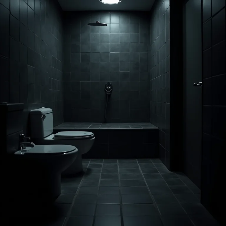 Banheiro mal iluminado com azulejos escuros.