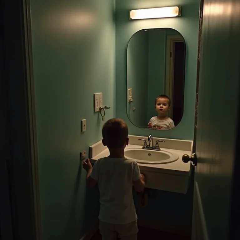 Banheiro mal iluminado com espelho inacessível para crianças.
