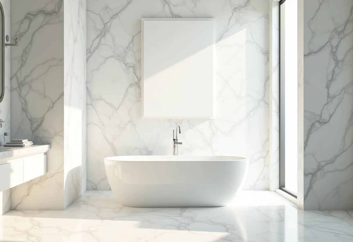Banheiro marmorizado com banheira e luz natural