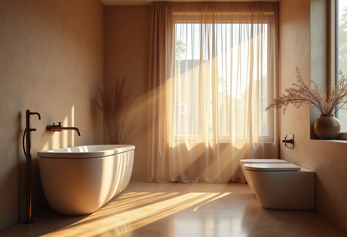 Banheiro marrom minimalista com luz natural