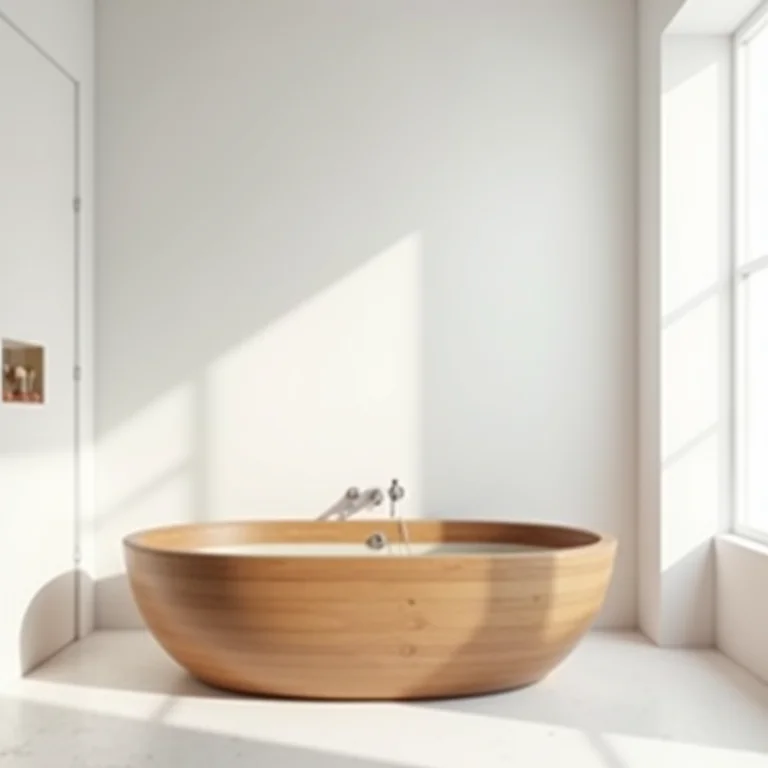 Banheiro minimalista com banheira ofurô de madeira.