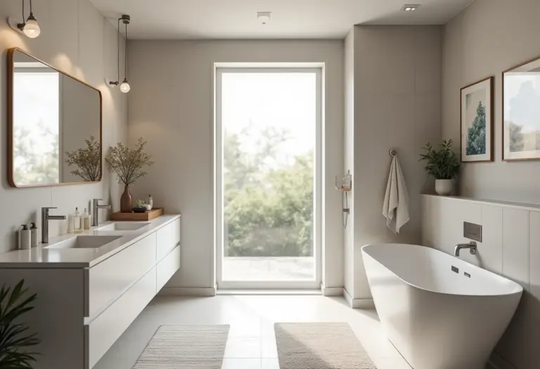 Banheiro moderno com área de lavanderia integrada, iluminação suave e organização inteligente.