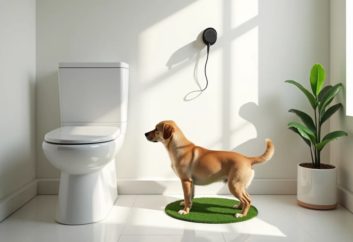 Banheiro moderno com área designada para cachorro