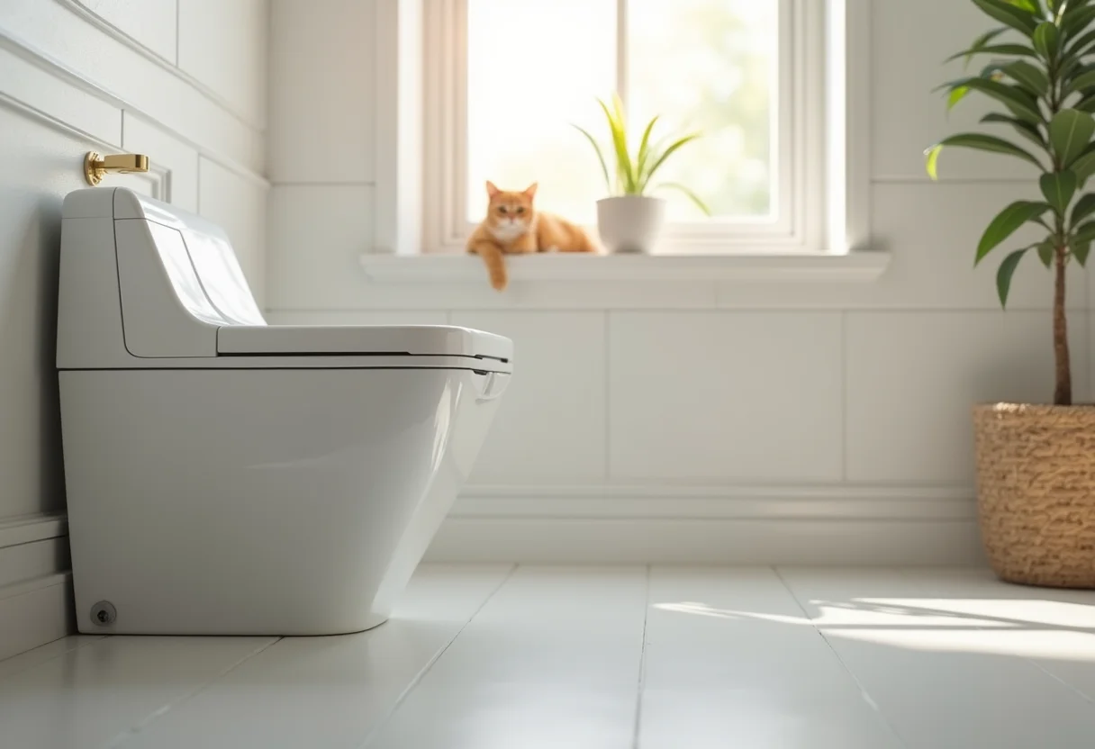 Banheiro moderno com arenero automático para gatos