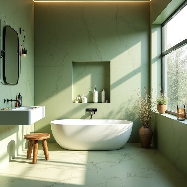 Banheiro moderno com azulejos geométricos verde oliva