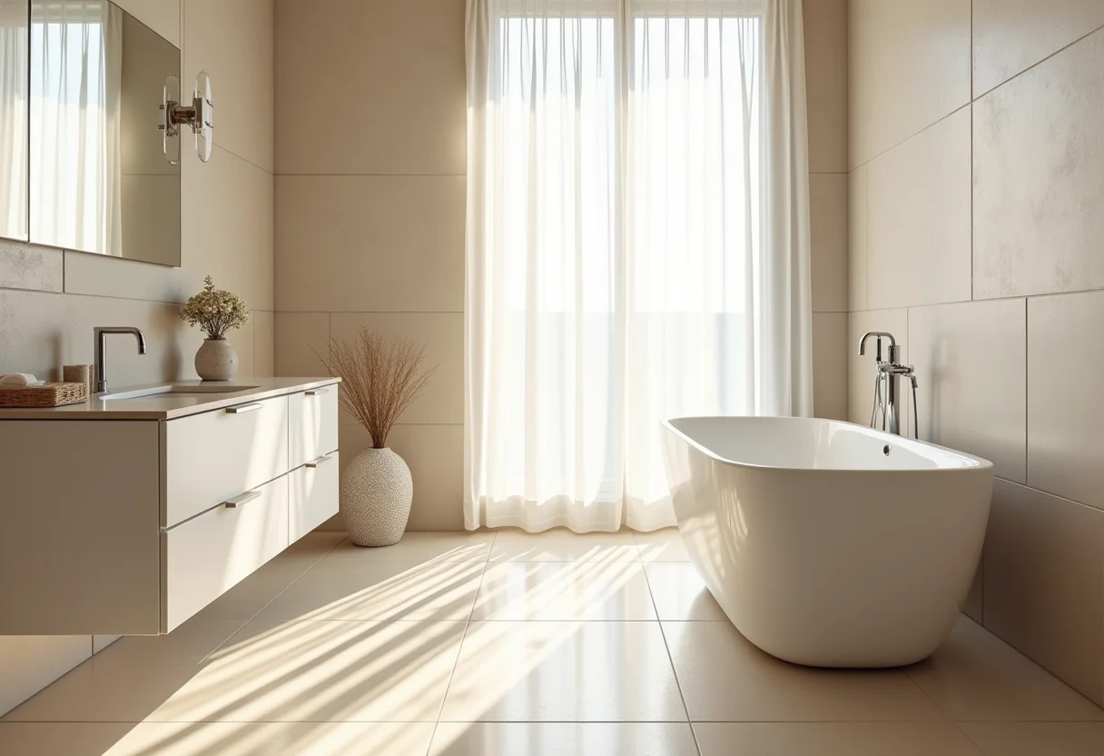 Banheiro moderno com banheira e iluminação suave