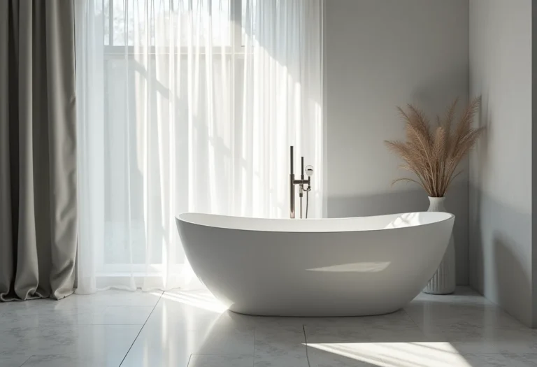 Banheiro moderno com banheira e paredes cinzas