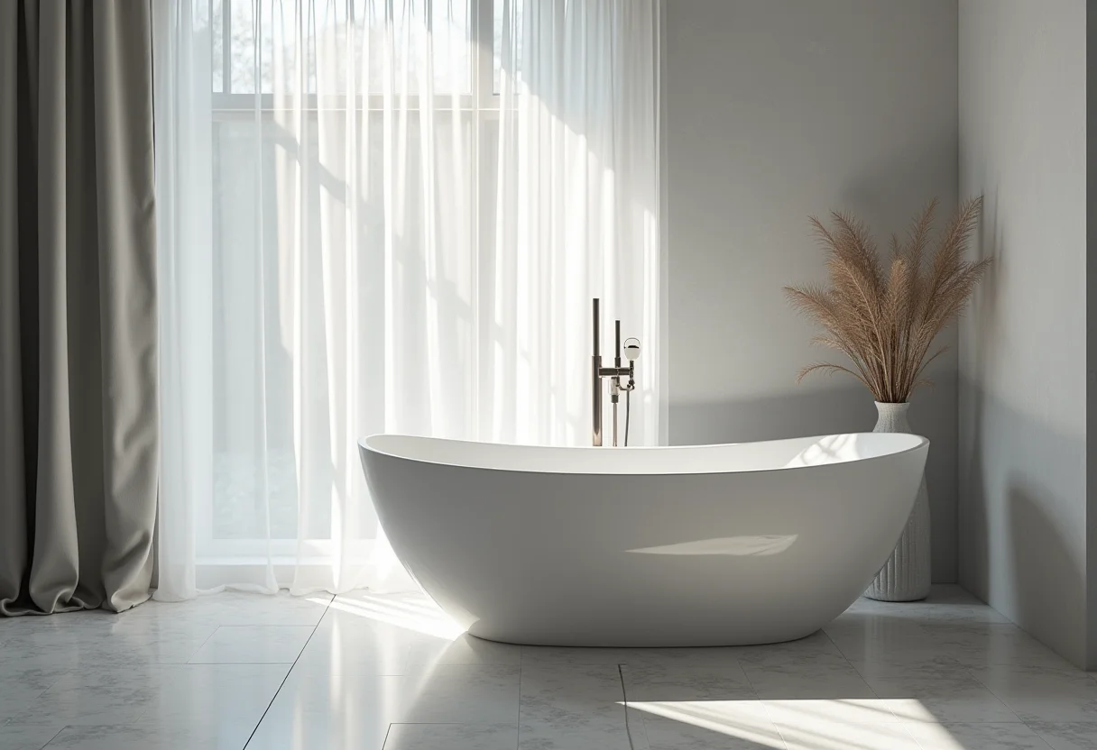 Banheiro moderno com banheira e paredes cinzas