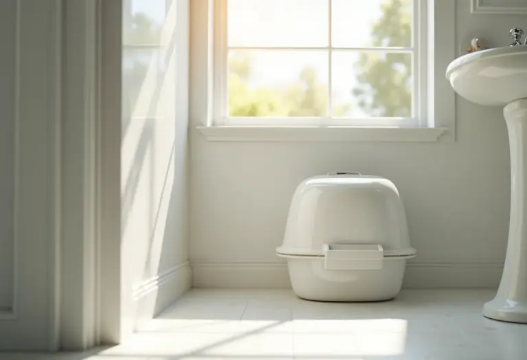 Banheiro moderno com caixa de areia fechada para gatos