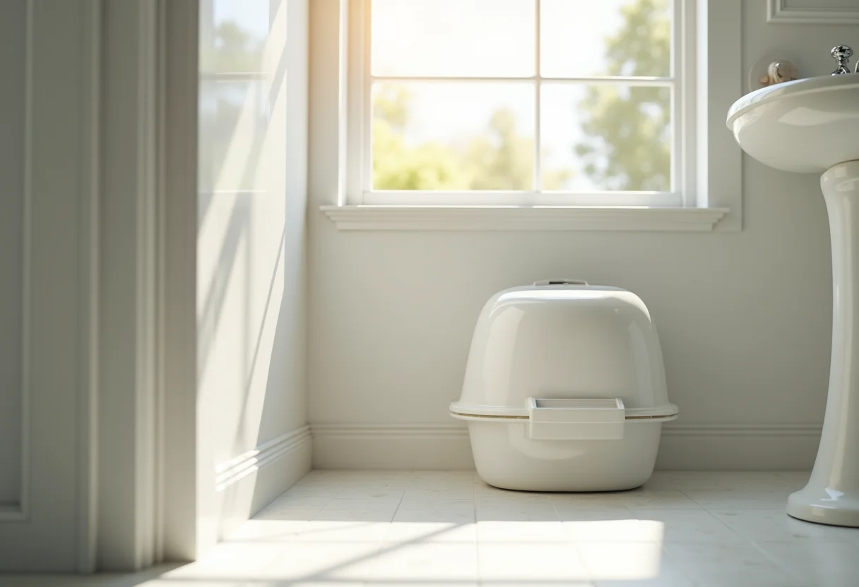 Banheiro moderno com caixa de areia fechada para gatos