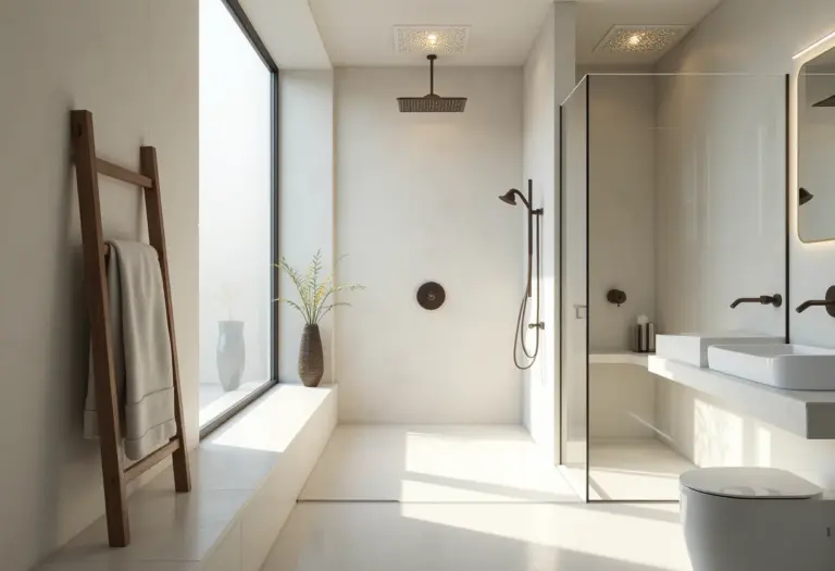 Banheiro moderno com chuveiro de teto e design minimalista