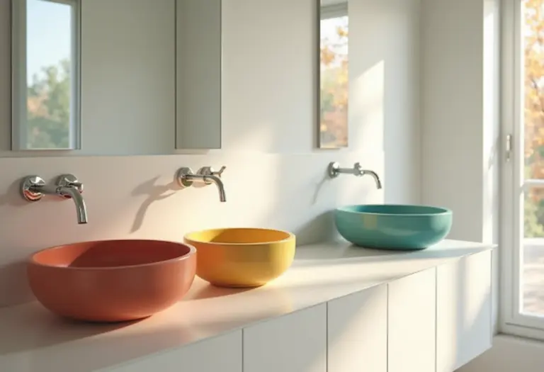 Banheiro moderno com cubas coloridas