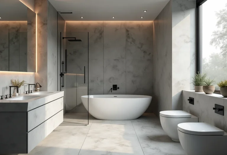 Banheiro moderno com decoração em tons de cinza
