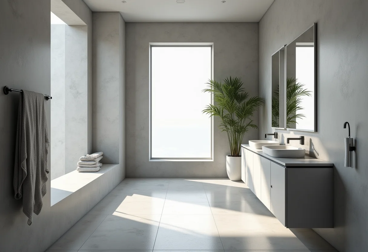 Banheiro moderno com decoração em tons de cinza
