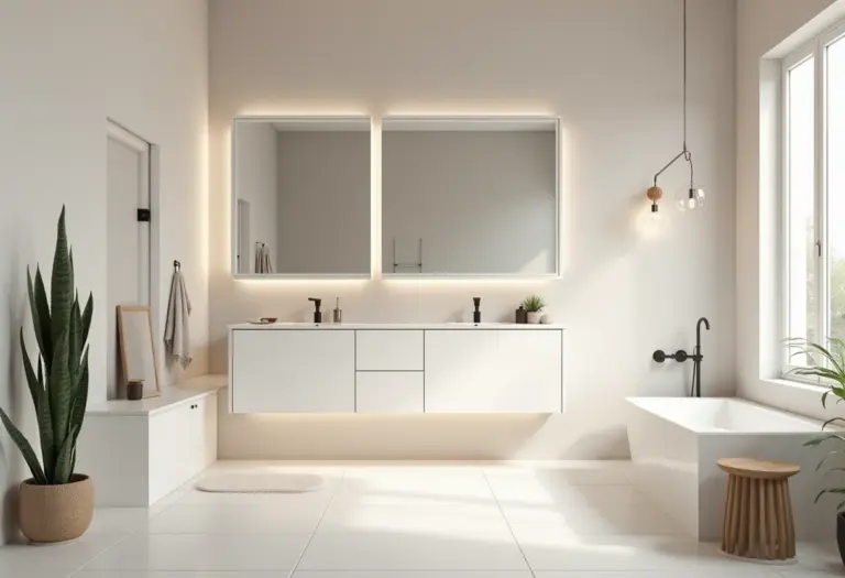 Banheiro moderno com elementos femininos e masculinos