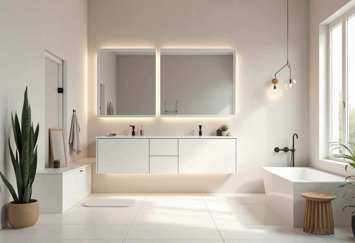 Banheiro moderno com elementos femininos e masculinos