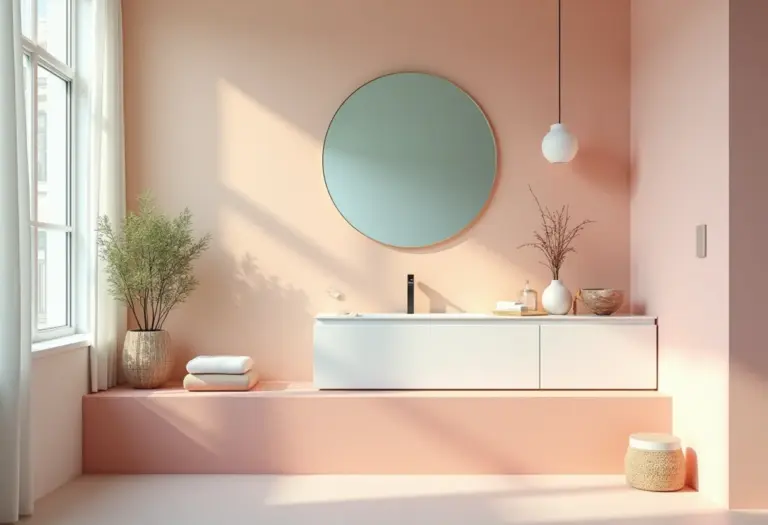 Banheiro moderno com espelho colorido, tendência alegre