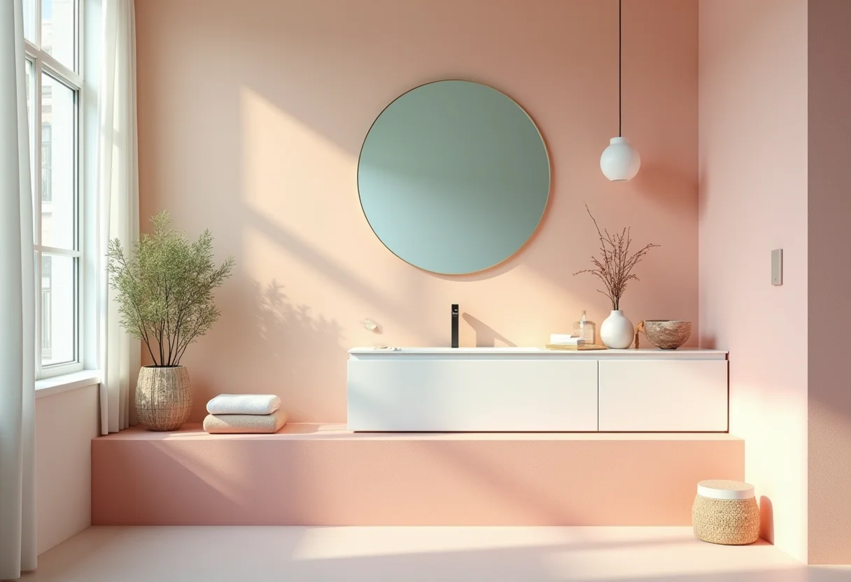 Banheiro moderno com espelho colorido, tendência alegre