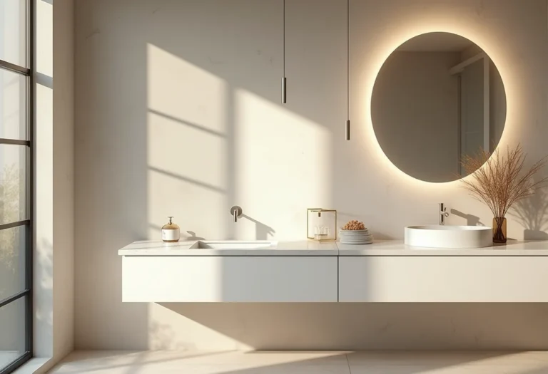 Banheiro moderno com espelho e iluminação suave