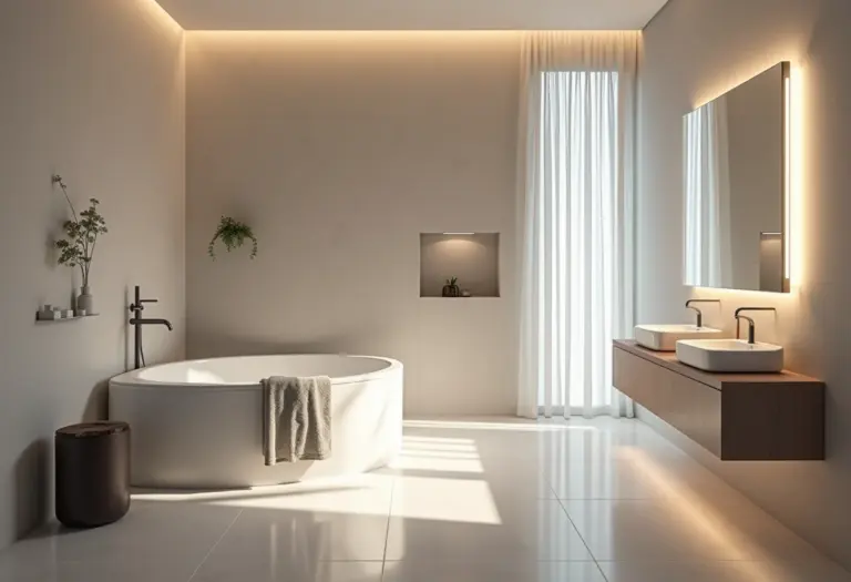 Banheiro moderno com iluminação LED integrada.