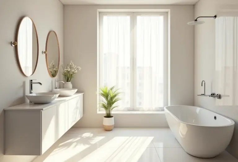 Banheiro moderno com iluminação natural e design clean