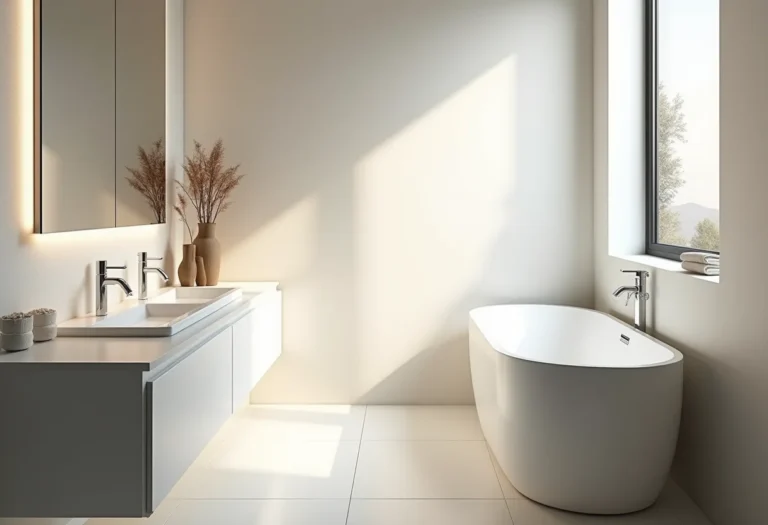 Banheiro moderno com iluminação natural e design minimalista