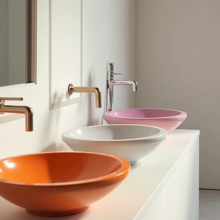 Banheiro moderno com louças e metais coloridos