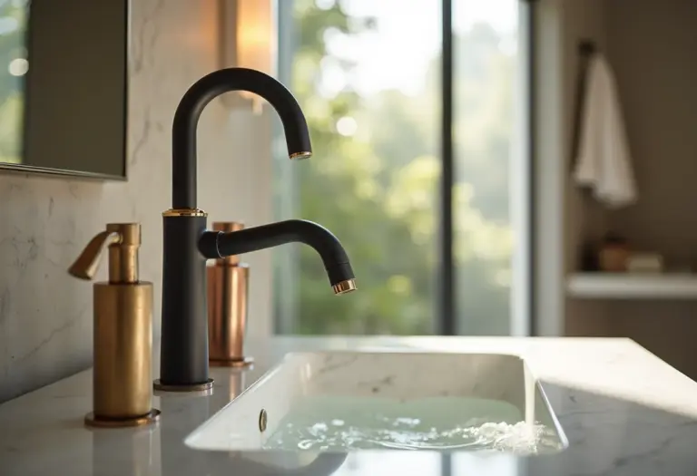 Banheiro moderno com metais coloridos em destaque